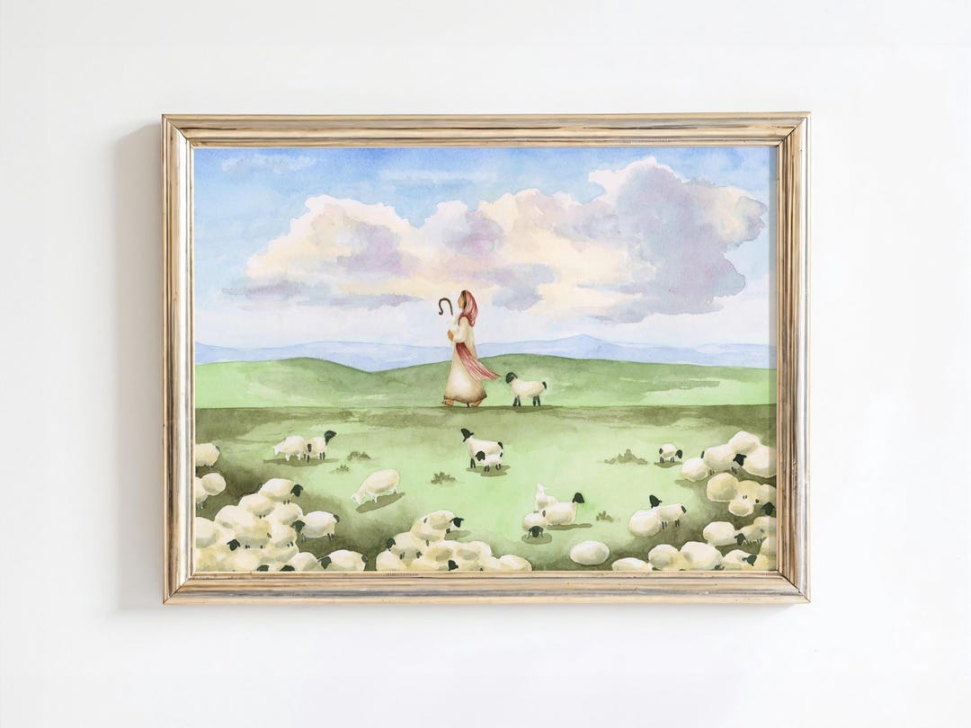 The Lord is My Shepherd Watercolor Art Print, Jesus With Sheep Flock ...