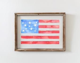 American Flag Watercolor art print patriotic painting, Fourth of July, Veterans Day, Memorial Day Home Decor for Kids, USA stars and stripes