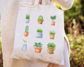 Houseplant Tote Bag, teacher tote, gift for plant lover, cute market tote reusable shopping bag, canvas tote book bag Beach bag, for her him