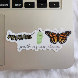 Pegatina de vinilo mate troquelada con la imagen de la mariposa monarca. El crecimiento requiere cambios. Resistente al agua y a los arañazos. Ideal para botellas de agua, portátiles y notebooks. imagen 5