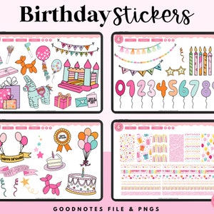 May include: A set of digital birthday stickers for Goodnotes, featuring colourful illustrations of party decorations, balloons, cakes, and numbers. The stickers are perfect for adding a festive touch to your planner or notes.