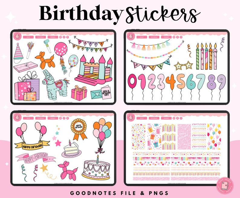 May include: A set of digital birthday stickers for Goodnotes, featuring colourful illustrations of party decorations, balloons, cakes, and numbers. The stickers are perfect for adding a festive touch to your planner or notes.