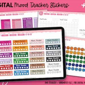 Pu&ograve; includere: Un set di adesivi digitali per il monitoraggio dell'umore visualizzato su un tablet e fogli stampati. Gli adesivi presentano vari colori e faccine sorridenti che rappresentano diversi stati d'animo. Il testo "DIGITAL Mood Tracker Stickers" &egrave; in alto.