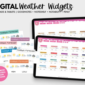 May include: Digital weather widgets for iPad and tablet apps like Goodnotes, Noteshelf, Notability, and Penly. The widgets feature a variety of weather icons, including sunny, cloudy, rainy, and stormy. The widgets are available in a rainbow of colors and neutral colors.