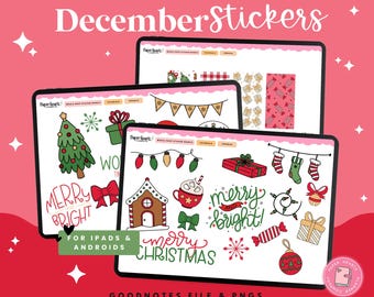 Pegatinas de diciembre, pegatinas de Goodnotes de diciembre, pegatinas navideñas, pegatinas para agendas digitales, pegatinas digitales navideñas, PNG navideños