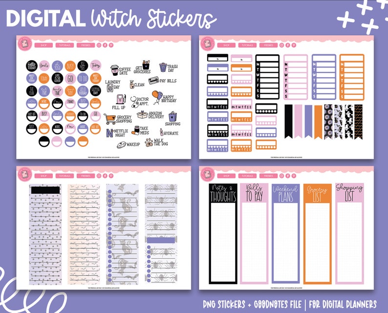 May include: Digital planner stickers with a witch theme. The stickers include a variety of designs, such as a witch's hat, a cauldron, a spider web, and a cat. The stickers are in black, white, orange, purple, and pink. The stickers are designed for use in digital planners.