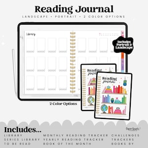 Puede incluir: Un diario de lectura digital con el texto "Reading Journal" y "Landscape • Portrait • 2 Color Options". El diario incluye rastreadores de lectura de biblioteca, mensuales y anuales. La imagen muestra el diario en vistas horizontal y vertical.