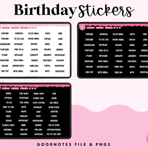 May include: A set of digital planner stickers for Goodnotes featuring a pink and black colour scheme. The stickers include days of the week, months of the year, and various other planner-related words.