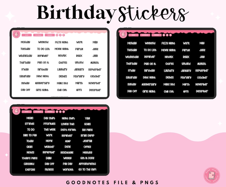 May include: A set of digital planner stickers for Goodnotes featuring a pink and black colour scheme. The stickers include days of the week, months of the year, and various other planner-related words.