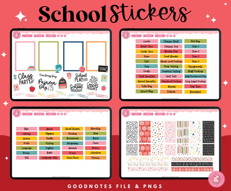 May include: A digital planner with colorful stickers for school. The stickers include various themes such as class parties, free dress days, pajama days, school play, school program, concert night, lunch, snack time, circle time, exam, test, quiz, finals, first semester, second semester, field day, school play, classes end, study time, final grading, map testing, forward testing, unit test, assignments, staff meeting, staff development day, energy independent testing, nap time, breakfast, gym, speech, social studies, geometry, library, algebra, reading, shop, science, health, government, band, math, humanities, spanish, drama, language arts, english, music, literature, recess, bible, home room, phonics, art, language arts, and various patterns.