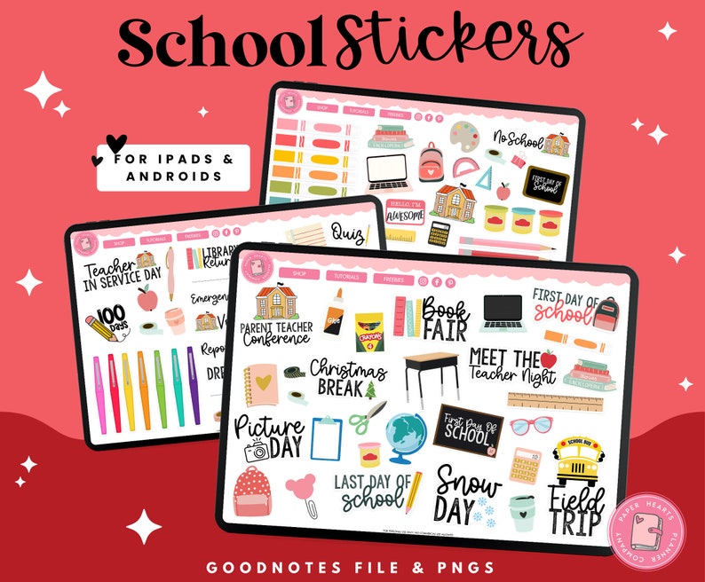 May include: A set of digital stickers for Goodnotes and other note-taking apps featuring school-themed illustrations. The stickers include images of a school bus, a globe, a book, a pencil, a teacher, a classroom, and more. The stickers are in a variety of colors and styles.