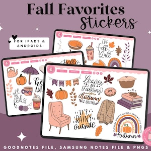 May include: A set of digital stickers for Goodnotes and Samsung Notes featuring fall-themed illustrations. The stickers include pumpkins, leaves, a cozy armchair, a cup of coffee, and the text "It's Rainy Outside".