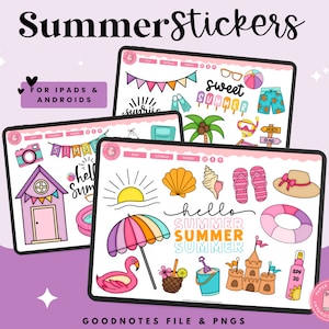 May include: A set of digital stickers for Goodnotes and other note-taking apps featuring a summer theme. The stickers include a beach hut, a beach umbrella, a life preserver, a seashell, a sun, a sandcastle, a beach ball, a flip-flop, a sun hat, a life preserver, a bottle of sunscreen, and more. The stickers are in a variety of colors, including pink, blue, yellow, and green.