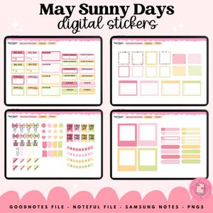 May include: Digital sticker set titled "May Sunny Days" with various planner elements. Includes bill due, work schedule, appointment, and hydration reminders. Also features decorative elements like bows, stars, flags, and banners in pink, green, and yellow.