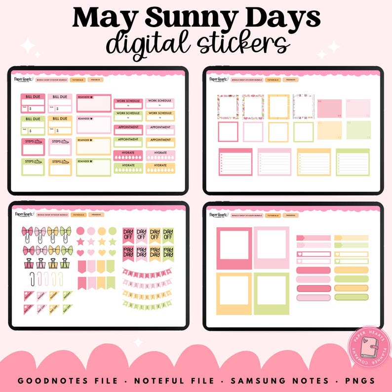 May include: Digital sticker set titled "May Sunny Days" with various planner elements. Includes bill due, work schedule, appointment, and hydration reminders. Also features decorative elements like bows, stars, flags, and banners in pink, green, and yellow.