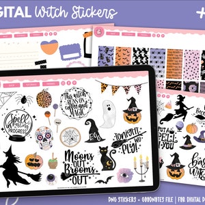 May include: Digital stickers for digital planners featuring a witch theme. The stickers include a variety of images, including a witch flying on a broom, a cauldron, a ghost, a spider, a skull, a pumpkin, and a cat. The text "Spell in casting progress", "This witch runs on coffee and magic", "Moon's out brooms out", "Tonight we fly", "Put a spell on you", "If the broom fits ride it", and "Basic witch" are included in the stickers.