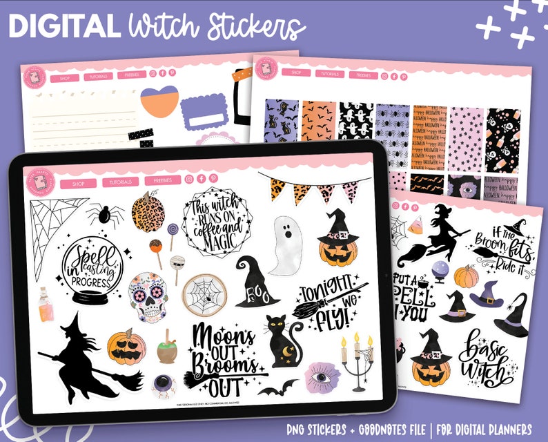 May include: Digital stickers for digital planners featuring a witch theme. The stickers include a variety of images, including a witch flying on a broom, a cauldron, a ghost, a spider, a skull, a pumpkin, and a cat. The text "Spell in casting progress", "This witch runs on coffee and magic", "Moon's out brooms out", "Tonight we fly", "Put a spell on you", "If the broom fits ride it", and "Basic witch" are included in the stickers.