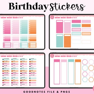 May include: Digital planner stickers for Goodnotes featuring a birthday theme. The stickers are in pink, orange, teal, and white. The stickers include boxes, checklists, banners, and icons.