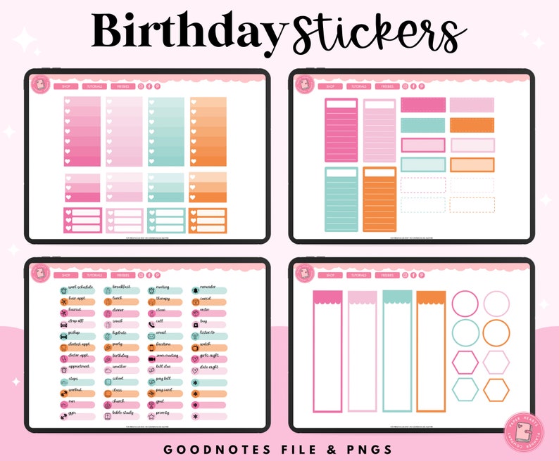 May include: Digital planner stickers for Goodnotes featuring a birthday theme. The stickers are in pink, orange, teal, and white. The stickers include boxes, checklists, banners, and icons.