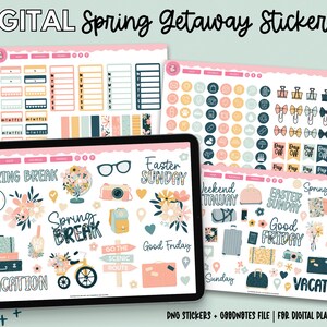 Può includere: Sticker digitali per planner con tema di vacanze primaverili con disegni floreali, bagagli e icone legate ai viaggi. Gli adesivi sono di colore rosa, giallo, blu e verde. Il testo "Spring Break", "Vacation", "Easter Sunday" e "Good Friday" è incluso.