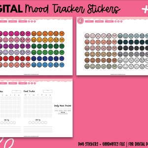 Pu&ograve; includere: Adesivi digitali per il monitoraggio dell'umore con faccine colorate che rappresentano diverse emozioni. Gli adesivi sono disposti in righe e colonne su sfondo bianco. Il testo "DIGITAL Mood Tracker Stickers" &egrave; in alto. Include un file GoodNotes.