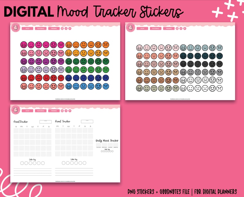 Pu&ograve; includere: Adesivi digitali per il monitoraggio dell'umore con faccine colorate che rappresentano diverse emozioni. Gli adesivi sono disposti in righe e colonne su sfondo bianco. Il testo "DIGITAL Mood Tracker Stickers" &egrave; in alto. Include un file GoodNotes.
