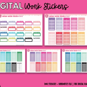 Op de afbeelding: Digitale werkstickers in verschillende kleuren, waaronder paars, roze, rood, oranje, blauw, groen en zwart. Elke sticker heeft een schema-indeling met de tekst "Work Schedule". De stickers zijn ontworpen voor digitale planners.