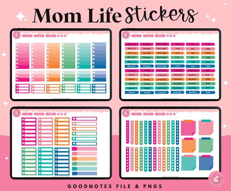 May include: A digital planner screen showing colorful stickers for mom life. The stickers include checklists, boxes, and notes. The text "Mom Life Stickers" is at the top of the screen. The text "GOODNOTES FILE & PNGS" is at the bottom of the screen.