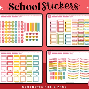 May include: A digital download of colorful school-themed stickers for Goodnotes. The stickers include a variety of shapes, including circles, squares, hearts, and banners. The stickers are in a variety of colors, including pink, yellow, orange, green, and blue.