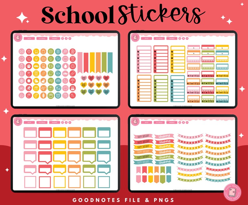 May include: A digital download of colorful school-themed stickers for Goodnotes. The stickers include a variety of shapes, including circles, squares, hearts, and banners. The stickers are in a variety of colors, including pink, yellow, orange, green, and blue.