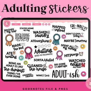 May include: Digital stickers labelled "Adulting Stickers" on a tablet screen. The stickers feature phrases such as "Washed my hair," "Made the bed," and "Watched Netflix all day." The background is pink with white stars.