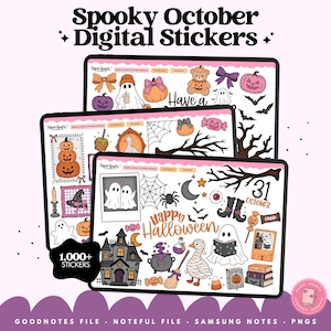 Op de afbeelding: Een digitale stickerset getiteld Spooky October Digital Stickers met meer dan 1.000 Halloween-illustraties, waaronder geesten, pompoenen, vleermuizen, een spookhuis, een ketel en snoepjes, weergegeven op drie tabletschermen.
