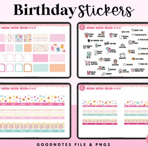 May include: A digital planner page featuring birthday-themed stickers. The stickers include a variety of designs, such as stars, candles, and confetti. The page also includes a section for daily tasks and a section for notes.