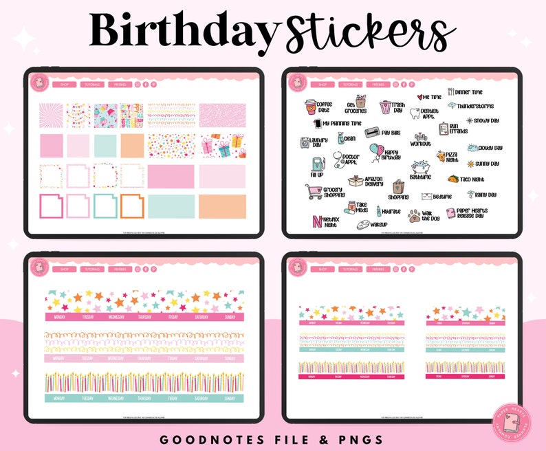 May include: A digital planner page featuring birthday-themed stickers. The stickers include a variety of designs, such as stars, candles, and confetti. The page also includes a section for daily tasks and a section for notes.