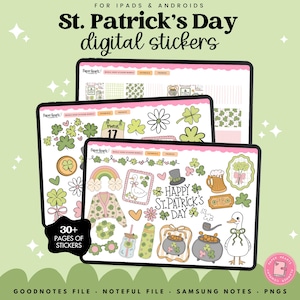 May include: Digital stickers for St. Patrick's Day, featuring shamrocks, rainbows, and other festive graphics. The image shows three tablets displaying various sticker designs, with the text "St. Patrick's Day digital stickers" at the top.