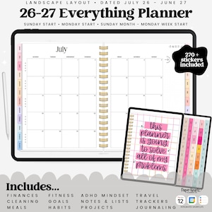 Puede incluir: Un planificador digital 26-27 Everything Planner en formato horizontal con vista de calendario mensual para julio, encuadernación en espiral y pestañas laterales de colores. Una vista menor muestra una portada con el texto, this planner is going to solve all of my problems.
