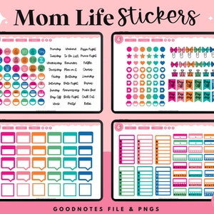 May include: A digital planner sticker set with colorful circles, squares, stars, hearts, and banners. The stickers are designed for use in digital planners and include text such as "Monday", "Weekend", "Pizza Night", "To Do List", "Movie Night", "Reminders", "Plan on it", "Chores", "Birthday", "Laundry", "Date Night", "Dishes", "Anniversary", "Make Bed", "Day Off", "Girls Night", "Chill Out", "Work", "Party", "Relax", "Pay Day", and "Enjoy Day Off".