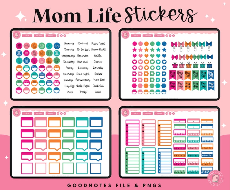May include: A digital planner sticker set with colorful circles, squares, stars, hearts, and banners. The stickers are designed for use in digital planners and include text such as "Monday", "Weekend", "Pizza Night", "To Do List", "Movie Night", "Reminders", "Plan on it", "Chores", "Birthday", "Laundry", "Date Night", "Dishes", "Anniversary", "Make Bed", "Day Off", "Girls Night", "Chill Out", "Work", "Party", "Relax", "Pay Day", and "Enjoy Day Off".