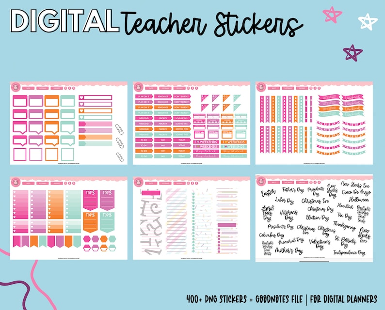 May include: A set of digital teacher stickers for digital planners. The stickers are in various colors, including pink, orange, and green. The stickers include text such as "Top 8", "Weekends", and "Teacher's Day".