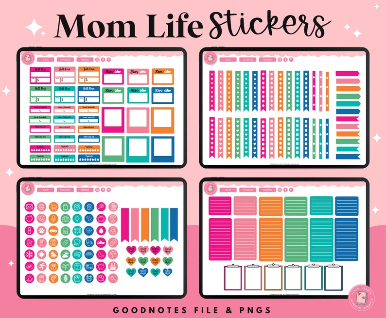 May include: A digital planner page with colorful stickers for mom life. The stickers include boxes, frames, banners, icons, and hearts. The page is titled "Mom Life Stickers" and includes the text "GOODNOTES FILE & PNGS".