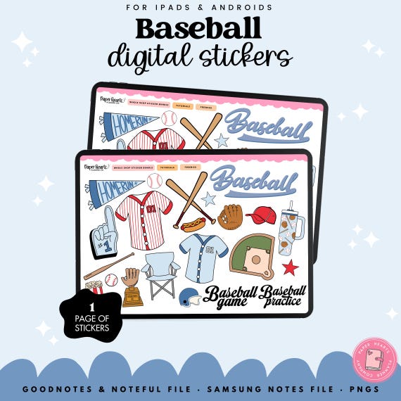 Baseball Digital Stickers, Planner Stickers, Includes Goodnotes, Noteful, Samsung Notes & PNG Files.