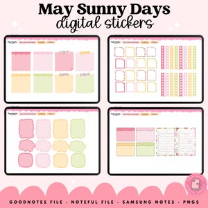 May include: Digital sticker set titled "May Sunny Days" with various pastel-colored sticky notes, frames, and decorative elements. The image shows four digital tablet screens with different sticker designs. The bottom of the image includes the text "GOODNOTES FILE . NOTEFUL FILE . SAMSUNG NOTES . PNGS."
