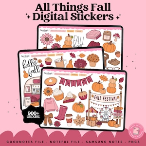 May include: A digital sticker collection featuring autumn-themed illustrations including pumpkins, sweaters, pies, and fall festival scenes displayed on three tablet screens. The text reads All Things Fall Digital Stickers, 900+ Stickers, and Fall Festival.