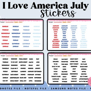 以下が含まれることがあります： 「I Love America July Stickers」のテキストが入ったデジタルステッカーセット。画像には、4つのデジタルプランナーステッカーシートが表示されています。ステッカーには、曜日、月、さまざまなプランナー関連の単語やフレーズが赤、青、黒で含まれています。