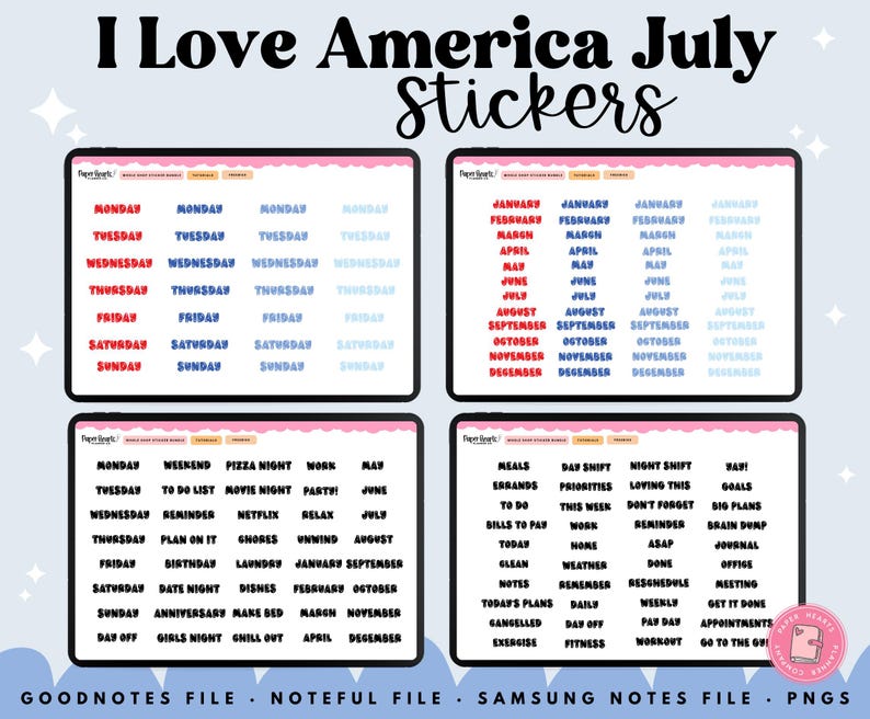以下が含まれることがあります： 「I Love America July Stickers」のテキストが入ったデジタルステッカーセット。画像には、4つのデジタルプランナーステッカーシートが表示されています。ステッカーには、曜日、月、さまざまなプランナー関連の単語やフレーズが赤、青、黒で含まれています。
