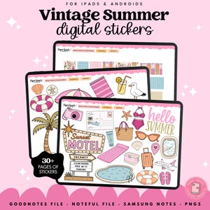 May include: Digital sticker set for iPads and Androids titled Vintage Summer digital stickers. The collection includes over 30 pages of summer-themed illustrations like a motel sign, palm tree, beach gear, airplane, and pool, displayed on tablet screens.