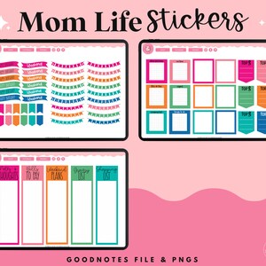 May include: A digital planner screen showing colorful stickers for a mom's planner. The stickers include banners, boxes, and labels with text like "Weekend", "Bills to Pay", "Grocery List", and "Happy Birthday".
