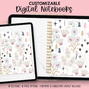 May include: A digital notebook cover featuring a floral pattern in shades of pink, blue, and beige. The cover has a white background with a repeating pattern of stylised flowers, leaves, and stars. The notebook is displayed on a tablet screen with a spiral binding.