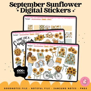 Peut inclure: Ensemble d'autocollants numériques intitulé September Sunflower Digital Stickers comprenant plus de 1000 illustrations sur le thème du tournesol, dont un vélo, des vêtements, des livres et des compositions florales sur trois tablettes.