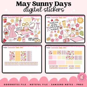 May include: Digital sticker set titled "May Sunny Days" with illustrations of picnic items, flowers, and text. The set includes Goodnotes, Noteful, and Samsung Notes files, as well as PNGs. The stickers are in pink, yellow, and white.